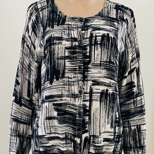 STUDIO WORKS Button Up Cardigan Sweater Size Large Black Beige Print